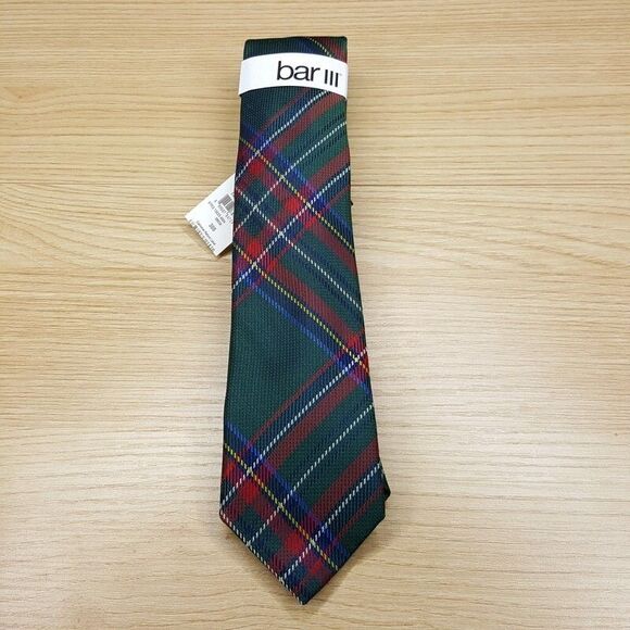 BAR III Mens Neck Tie Green Plaid Tartan Slim Skinny Silk Blend - Picture 1 of 4